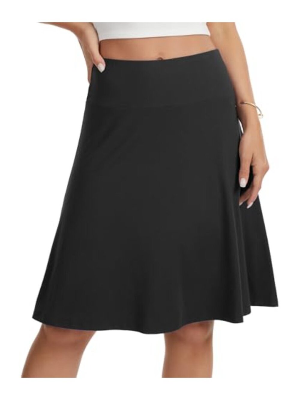 High Waisted Stretchy A-Line Skater Skirt Knee Length Soft Knit Pull On